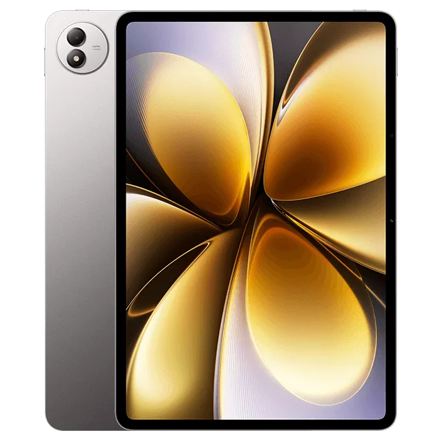 Vivo Pad 6 Pro tablet in silver color, showcasing front display with golden floral wallpaper and rear camera module design