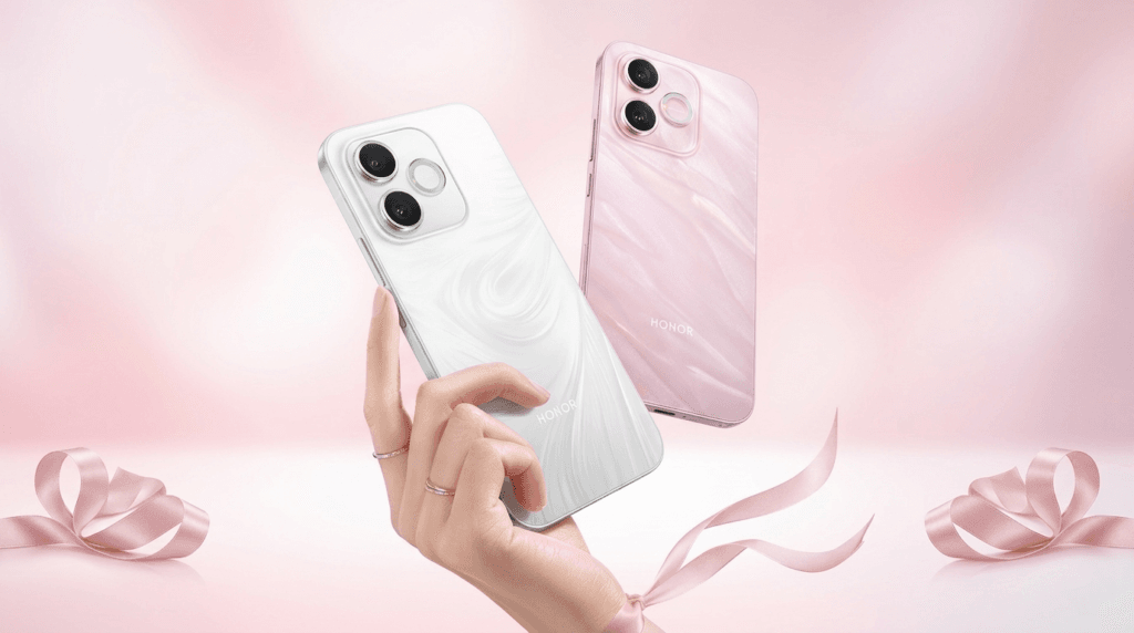 Honor X80i 5G smartphones in White and Pink color options, showcasing their stylish textured back design and dual-camera module against a soft pink themed background