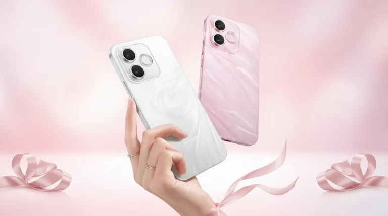 Honor X80i 5G smartphones in White and Pink color options, showcasing their stylish textured back design and dual-camera module against a soft pink themed background