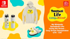 Promotional image for My Nintendo Tomodachi Life: Living the Dream - Cozy Dream Sweepstakes, featuring a beige hoodie, white water bottles, and fluffy slippers, all branded with the Tomodachi Life logo, against a vibrant yellow and orange background with the Nintendo Switch and My Nintendo logos