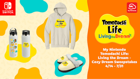 Promotional image for My Nintendo Tomodachi Life: Living the Dream - Cozy Dream Sweepstakes, featuring a beige hoodie, white water bottles, and fluffy slippers, all branded with the Tomodachi Life logo, against a vibrant yellow and orange background with the Nintendo Switch and My Nintendo logos