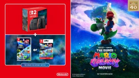 Promotional image showing Nintendo Switch 2 console bundle alongside physical and digital versions of The Super Mario Galaxy Movie game, with artwork of Mario riding Yoshi against a cosmic backdrop. Highlights free update for Switch 2 and notes the movie is now in theaters, celebrating 40 years of Super Bros.