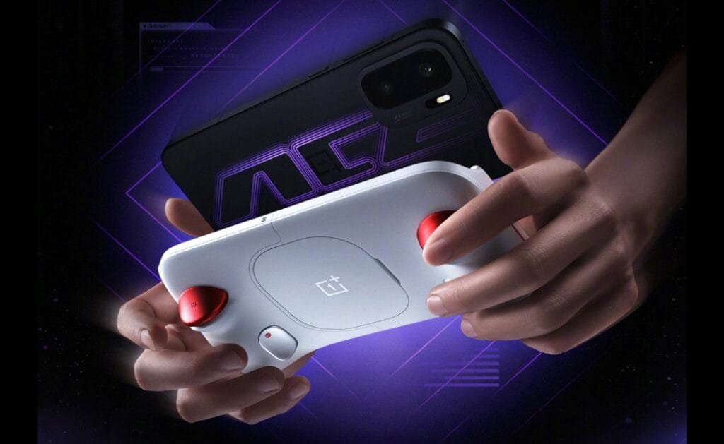 Hands holding the OnePlus Ace 6 Ultra gaming smartphone paired with a white OnePlus gaming controller featuring red accents, set against a dark purple neon-lit background