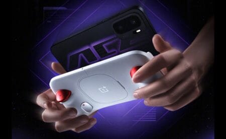 Hands holding the OnePlus Ace 6 Ultra gaming smartphone paired with a white OnePlus gaming controller featuring red accents, set against a dark purple neon-lit background