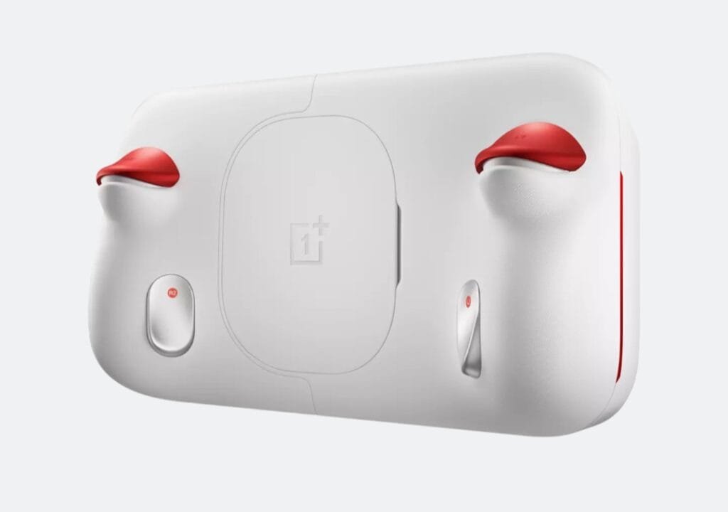 White OnePlus gaming controller with red accents on the triggers, featuring a subtle OnePlus logo in the center and visible R1/R2 buttons, presented against a clean white background