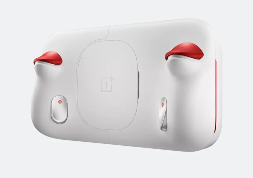 White OnePlus gaming controller with red accents on the triggers, featuring a subtle OnePlus logo in the center and visible R1/R2 buttons, presented against a clean white background