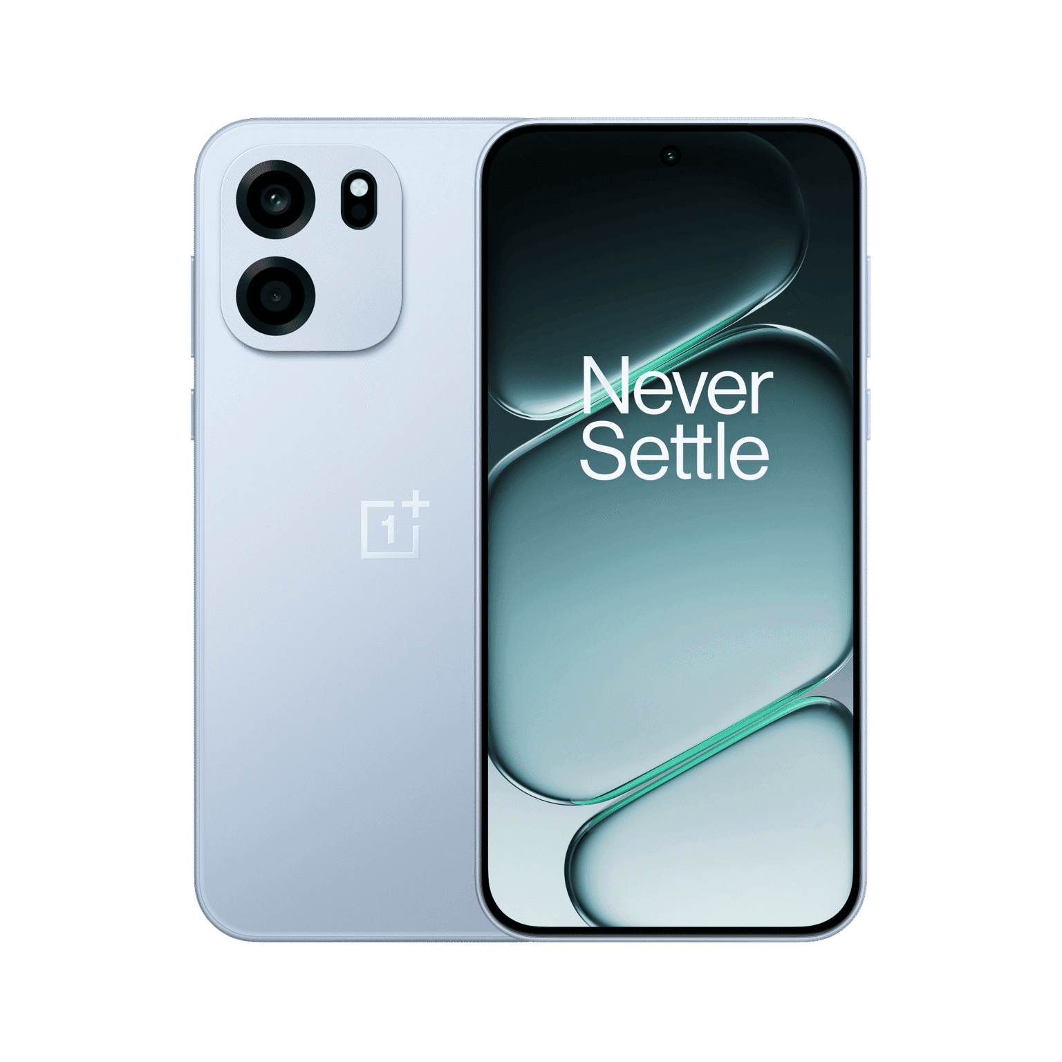 OnePlus Nord CE 6 smartphone in light blue finish, showing its rear camera module and front display featuring the "Never Settle" slogan against a black background