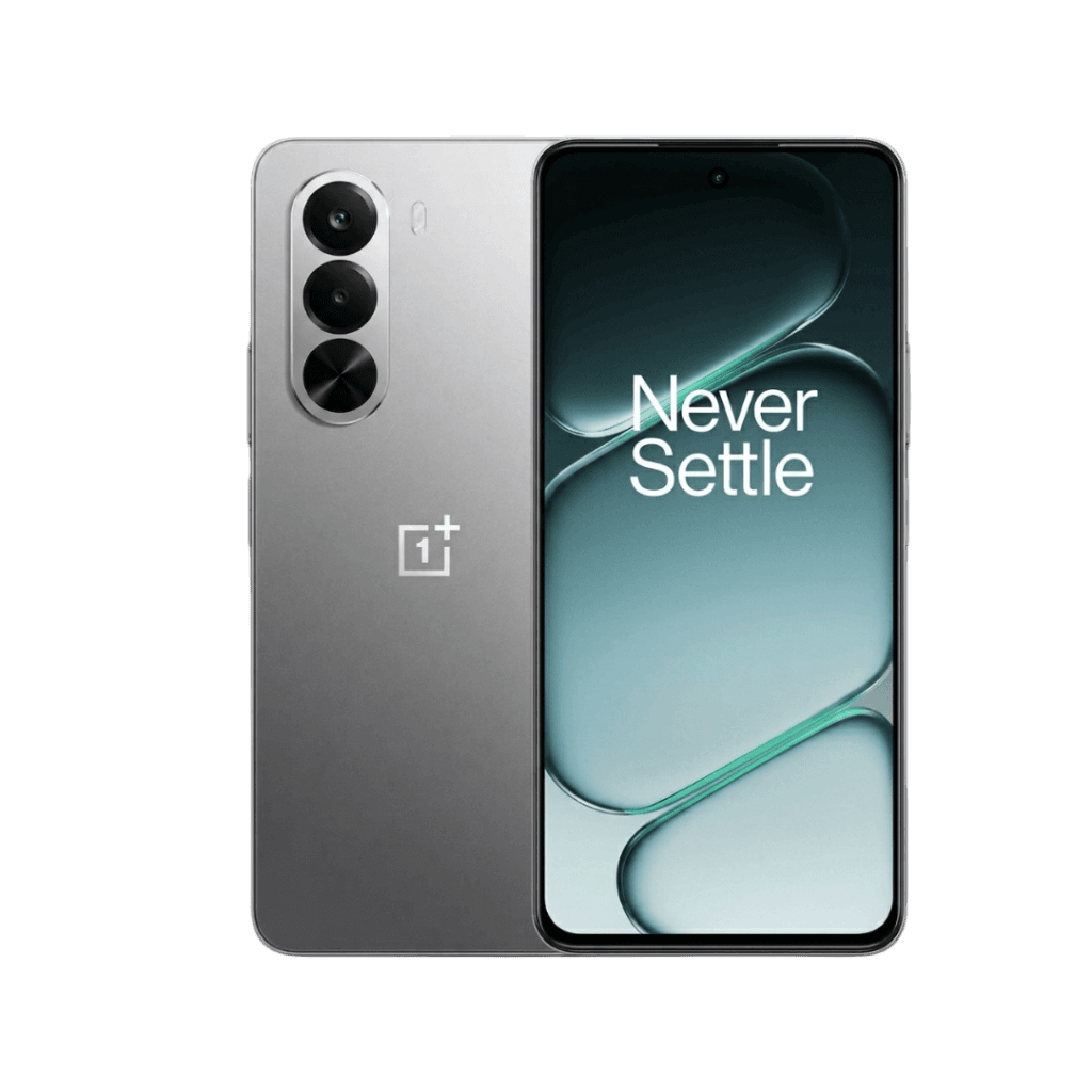 OnePlus Nord CE 6 Lite smartphone in sleek gray finish, displaying its vertical rear camera setup and front screen with the iconic "Never Settle" slogan against a black background