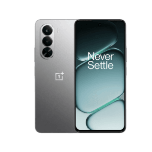 OnePlus Nord CE 6 Lite smartphone in sleek gray finish, displaying its vertical rear camera setup and front screen with the iconic "Never Settle" slogan against a black background