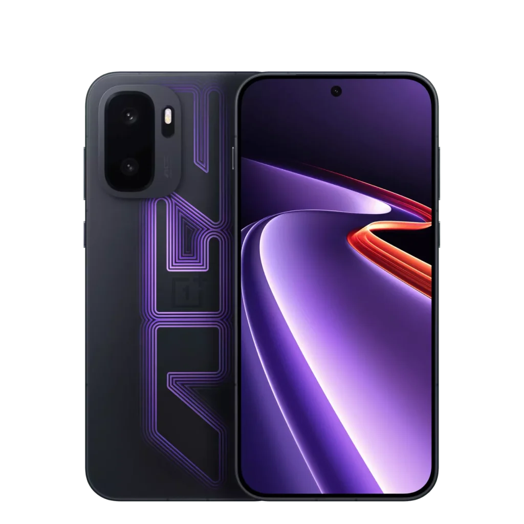 OnePlus Ace 6 Ultra gaming smartphone in black finish with glowing purple geometric patterns on the rear, dual-camera module, and vibrant purple-themed front display against a black background