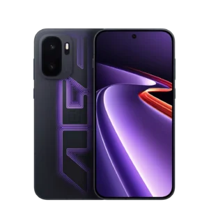 Oneplus Ace 6 Ultra (Black) 1 OnePlus Ace 6 Ultra gaming smartphone in black finish with glowing purple geometric patterns on the rear, dual-camera module, and vibrant purple-themed front display against a black background