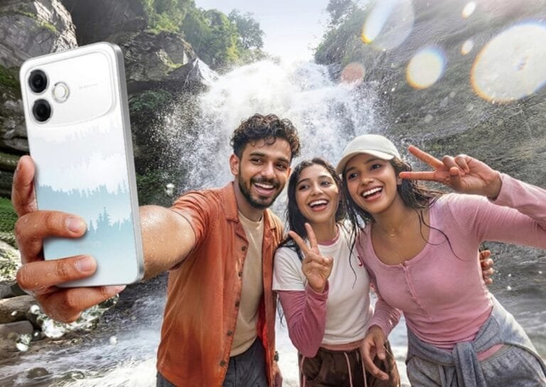 Oppo F33 series smartphone showcased in outdoor adventure setting with friends taking selfie