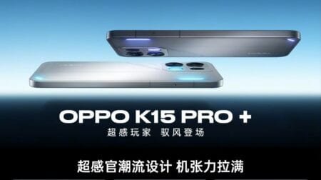 OPPO K15 Pro+ promotional poster showing the phone's side and back designs in silver and grey tones, with Chinese text "Super Sensitive Player, Debuts with the Wind" and "Super Sensory Trendy Design, Full of Dynamic Appeal".