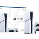 Sony PlayStation 5 console in white and black design, displayed alongside two DualSense wireless controllers and its official retail packaging, set against a plain white background