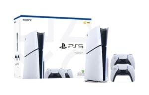 Sony PlayStation 5 console in white and black design, displayed alongside two DualSense wireless controllers and its official retail packaging, set against a plain white background