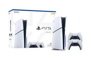 Sony PlayStation 5 console in white and black design, displayed alongside two DualSense wireless controllers and its official retail packaging, set against a plain white background