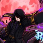 Anime-style illustration for the Roblox game "RE XL". Features a character in a black hooded cloak with gold trim, glowing red eyes, and wielding multiple glowing purple magical weapons or energy blades. Background shows a dramatic scene with a large red moon and dark, cracked terrain. The game title "RE XL" is displayed in a stylized, glowing font at the bottom right.