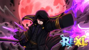 Anime-style illustration for the Roblox game "RE XL". Features a character in a black hooded cloak with gold trim, glowing red eyes, and wielding multiple glowing purple magical weapons or energy blades. Background shows a dramatic scene with a large red moon and dark, cracked terrain. The game title "RE XL" is displayed in a stylized, glowing font at the bottom right.