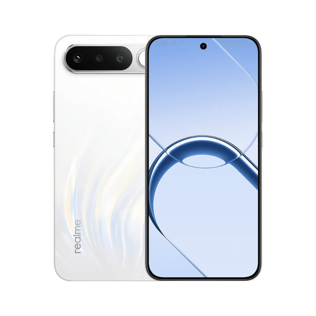 Realme 16 smartphone in white finish, featuring its horizontal rear camera module and front display with sleek blue-themed visuals against a black background