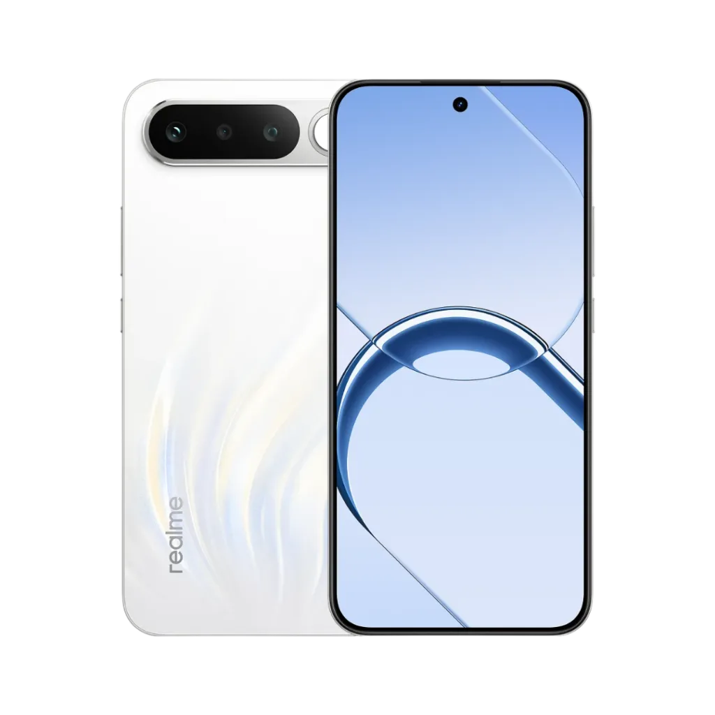 Realme 16 smartphone in white finish, featuring its horizontal rear camera module and front display with sleek blue-themed visuals against a black background