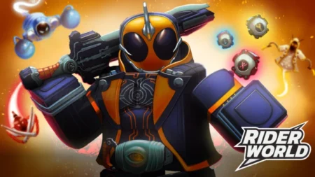 Rider World game artwork featuring a stylized armored character holding a weapon, surrounded by various in-game items and effects against a vibrant orange background