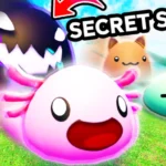 Slime RNG game artwork featuring colorful slime characters, including a prominent pink slime in the foreground, with text reading "SECRET SLIME!" and a bright, playful background