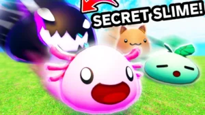 Slime RNG game artwork featuring colorful slime characters, including a prominent pink slime in the foreground, with text reading "SECRET SLIME!" and a bright, playful background