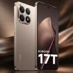 Xiaomi 17T smartphone in a sleek gold finish, displaying its quad-camera setup on the rear and front screen showing the model name, set against an elegant brown abstract background