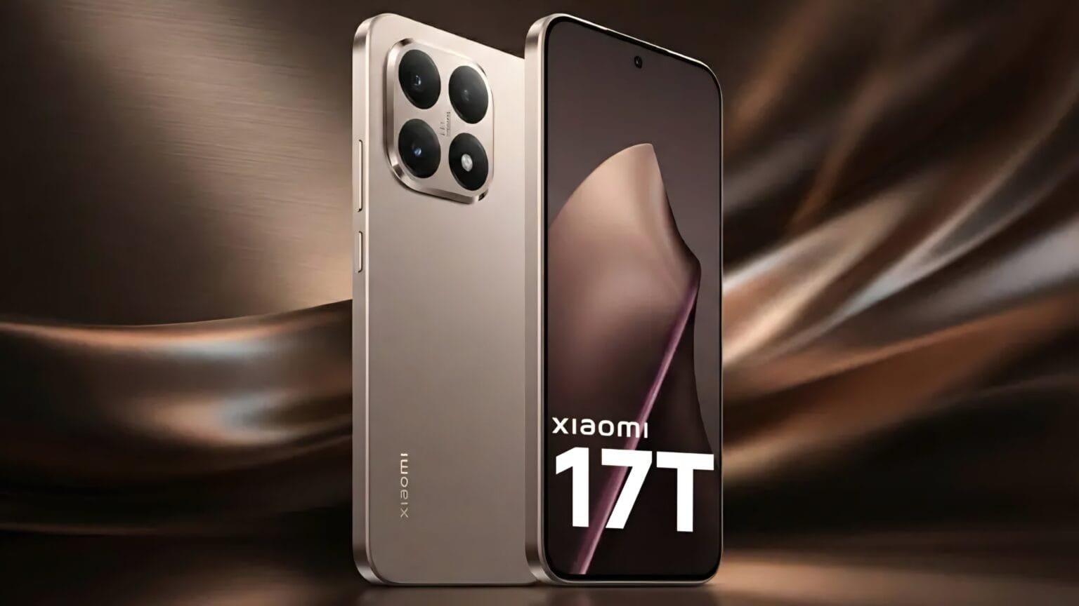 Xiaomi 17T smartphone in a sleek gold finish, displaying its quad-camera setup on the rear and front screen showing the model name, set against an elegant brown abstract background