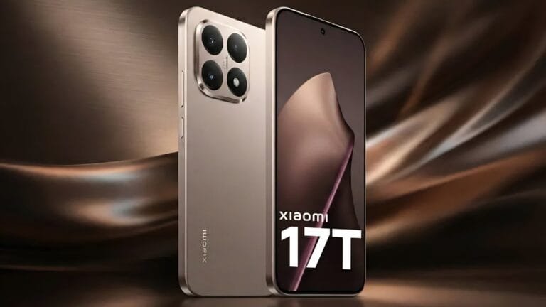 Xiaomi 17T smartphone in a sleek gold finish, displaying its quad-camera setup on the rear and front screen showing the model name, set against an elegant brown abstract background