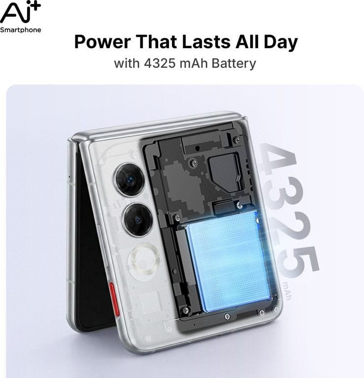 Ai+ Nova Flip Debuts in India with Foldable Display, Dimensity 7300X 2 Transparent view of the AI+ Nova Flip foldable phone showcasing its internal components, prominently featuring a highlighted 4325 mAh battery. Text overlay reads "Power That Lasts All Day with 4325 mAh Battery" alongside the AI+ Smartphone logo.