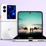 Ai+ Nova Flip Debuts in India with Foldable Display, Dimensity 7300X 1 AI+ Nova Flip foldable smartphone displayed against a soft purple background. Shown in two positions: closed on the left, featuring a vertical camera module, small outer display with blue abstract wallpaper, and "AI+" branding; open on the right, revealing a large inner screen showing a desert landscape with two people and camels at sunset. The device has a sleek silver finish with visible ports and buttons on the bottom edge.