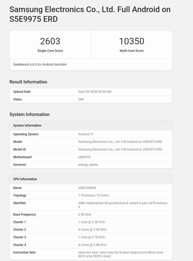 Samsung Exynos 2700 Surfaces Again on Geekbench with New Scores 1 Geekbench 6.6.0 benchmark results for a Samsung device running Android 17 with an Exynos 2700 processor (model S5E9975), showing a Single-Core Score of 2603 and Multi-Core Score of 10350, indicating a 10-core CPU configuration with various clock speeds.