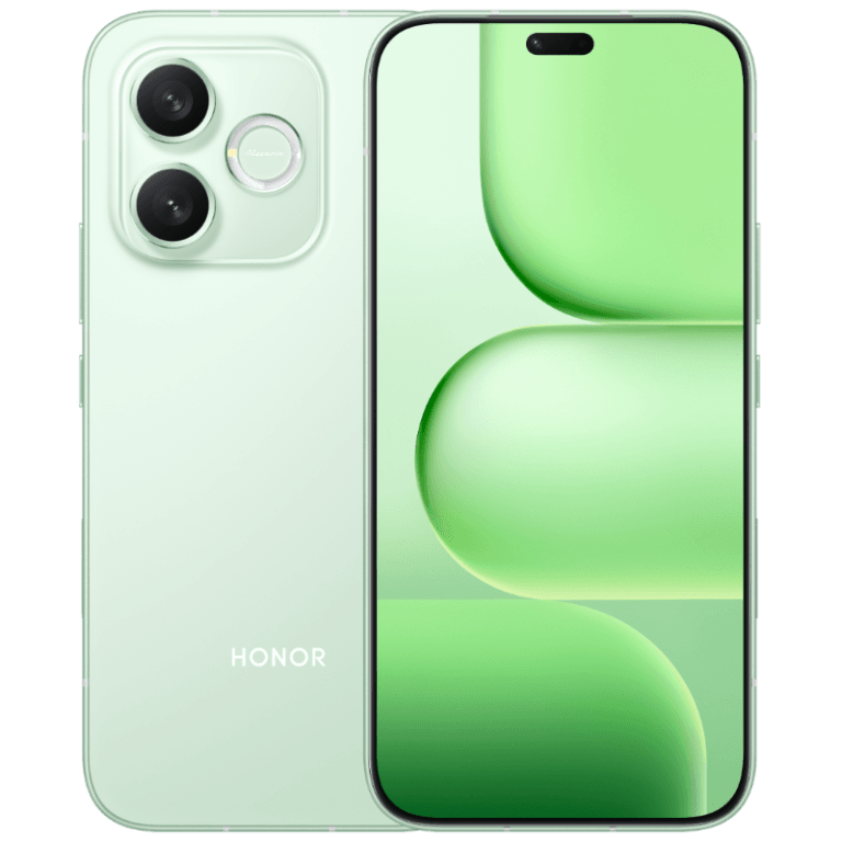 Honor X80i 5G smartphone in Green color variant, showing front display with abstract wallpaper and rear camera module design