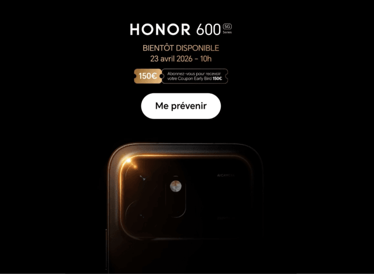 Promotional poster for HONOR 600 Series 5G, announcing launch date April 23, 2026 at 10 AM, featuring early bird discount offer of 150€ and product design preview