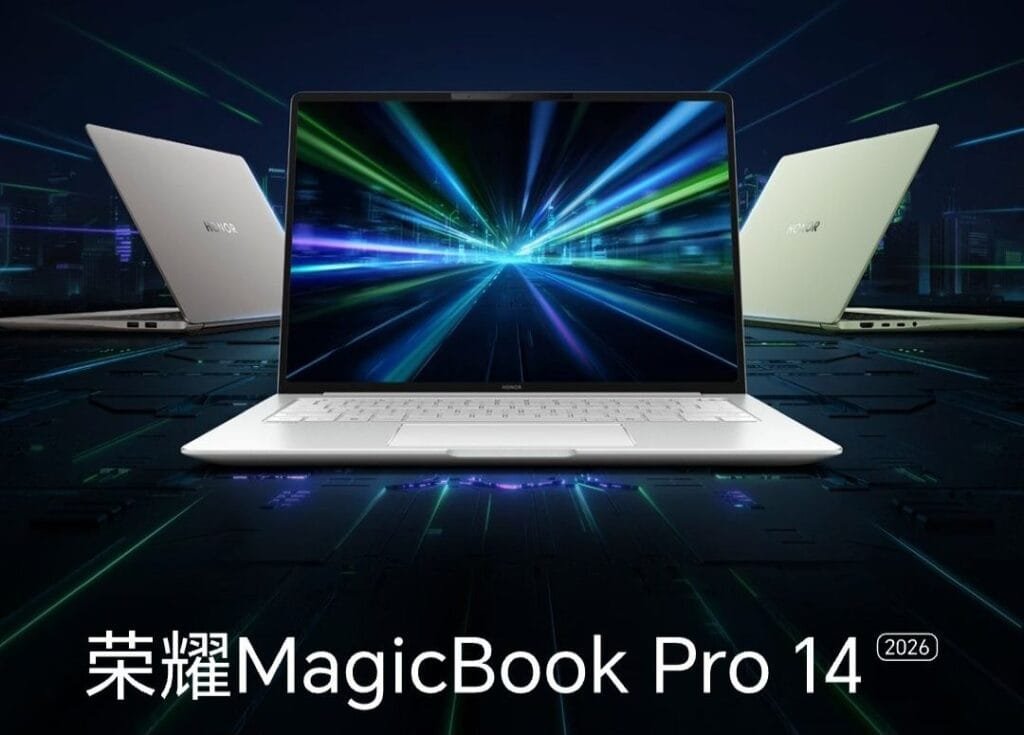 HONOR MagicBook Pro 14 (2026) laptops displayed in silver, white, and light green finishes against a futuristic glowing background