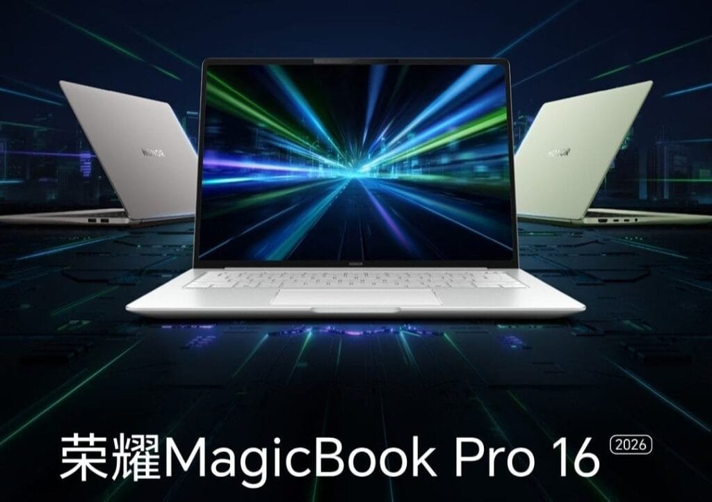 HONOR MagicBook Pro 16 (2026) laptops shown in silver, white, and light green variants with vibrant light effects in the backdrop