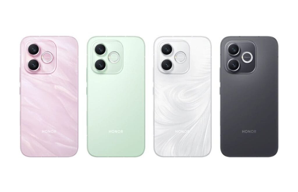 Honor X80i 5G available color variants: Pink, Green, White, and Black, displaying the uniform design language including camera layout and branding on the rear panel