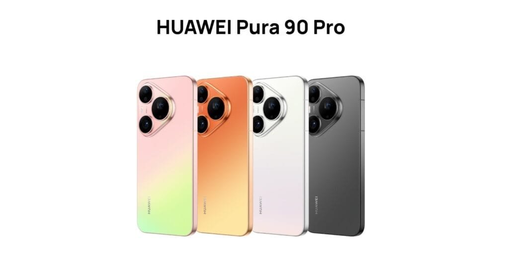 HUAWEI Pura 90 Pro displayed in four stylish colors: pink-green gradient, orange, white, and black, highlighting its premium design and camera layout.