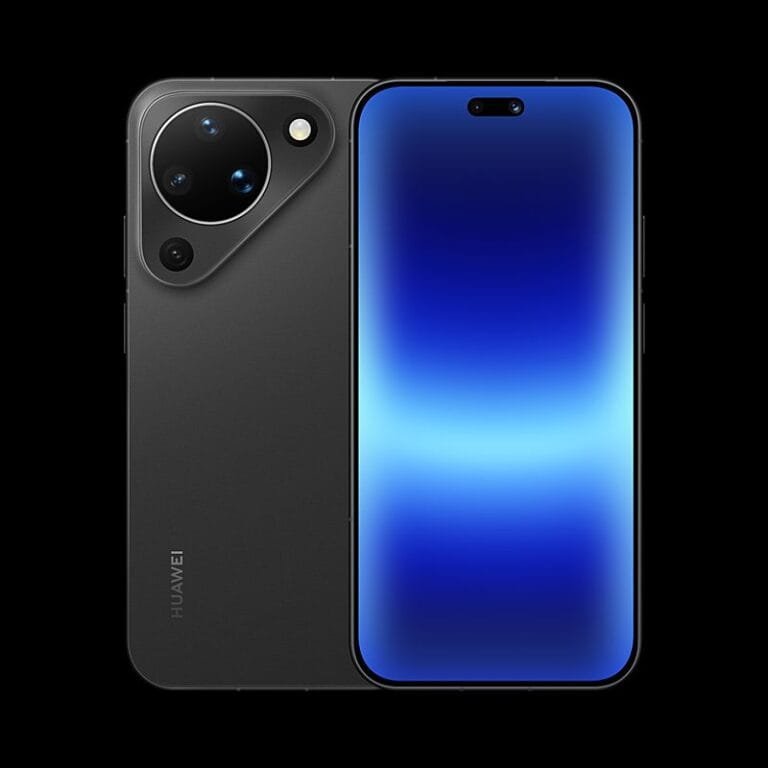 Huawei Pura 90 smartphone in black finish, showcasing its unique triangular rear camera module and front display