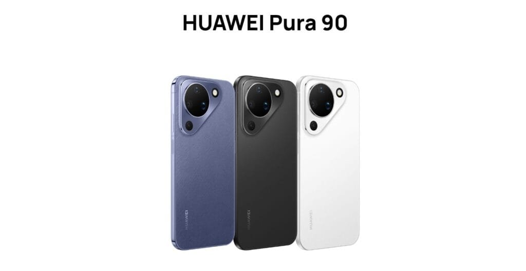 HUAWEI Pura 90 showcased in three color variants: blue, black, and white, featuring a distinctive triangular camera module on the back.