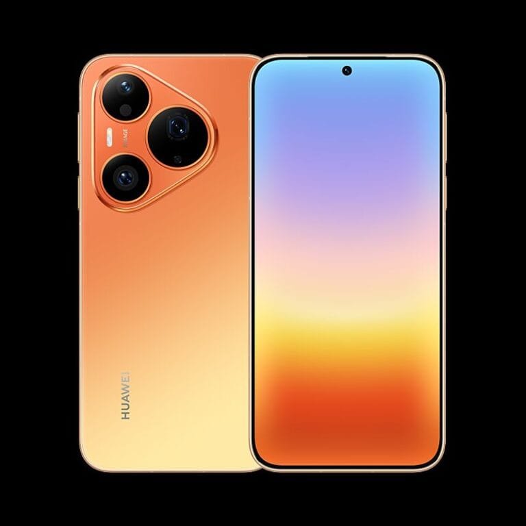 Huawei Pura 90 Pro in vibrant orange gradient finish, showcasing its distinctive triangular rear camera module and front display design