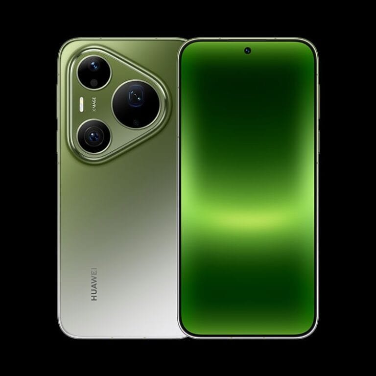 Huawei Pura 90 Pro Max in green gradient finish, featuring a distinctive triangular rear camera module and sleek front display