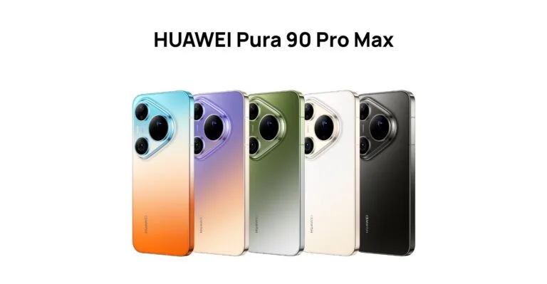 HUAWEI Pura 90 Pro Max available in five vibrant color options including blue-orange gradient, purple, green, white, and black, featuring the signature angular camera island design.