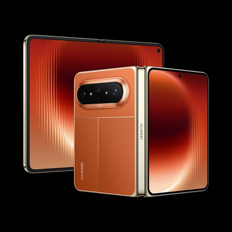 Huawei Pura X Max foldable smartphone in vibrant orange finish, showcasing both folded and unfolded display views