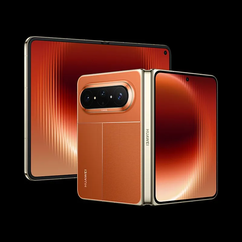 Huawei Pura X Max foldable smartphone in vibrant orange finish, showcasing both folded and unfolded display views