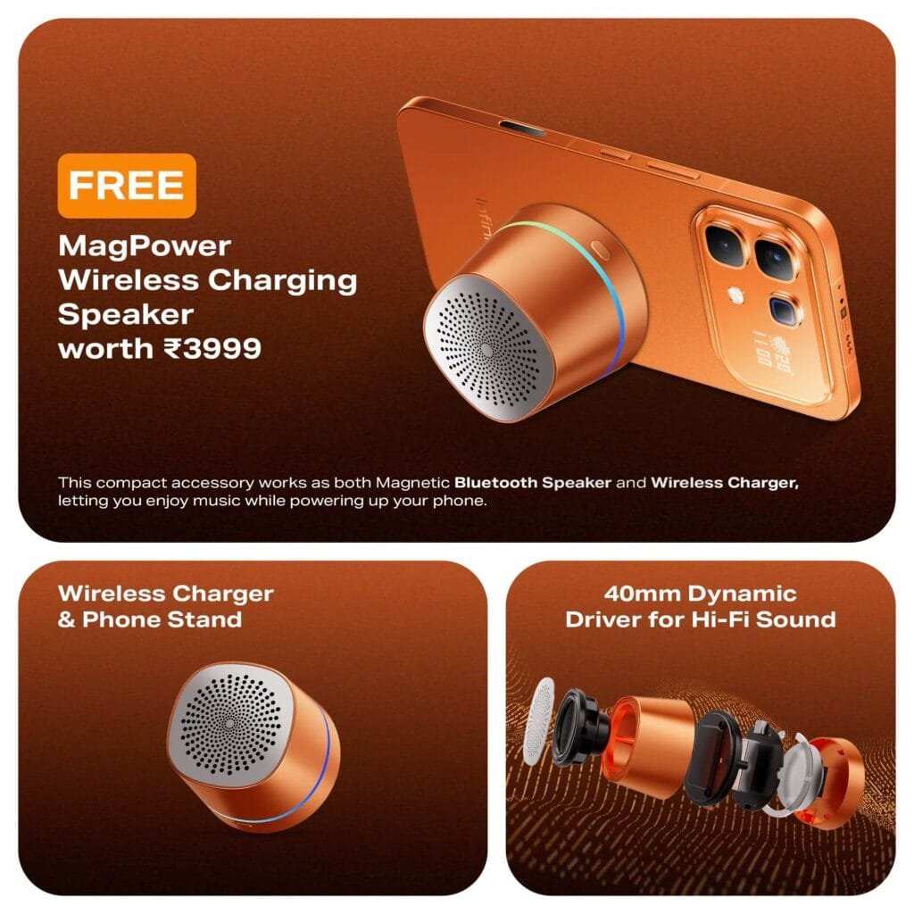 Infinix Note 60 Pro Launched in India; Price Starts at Rs 31,999 2 Offer graphic showing the free MagPower Wireless Charging Speaker (worth ₹3999) included with purchase, demonstrating its function as a Bluetooth speaker, wireless charger, and phone stand with a 40mm dynamic driver.