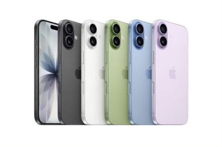 Apple iPhone 18 lineup displayed in all available color options: Black, White, Green, Blue, and Lavender, showcasing its sleek flat-edged design, dual-camera system, and front display with dynamic island.