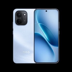 iQOO Z11 smartphone in light blue color, featuring textured back design, dual-camera module, and front display with blue abstract wallpaper