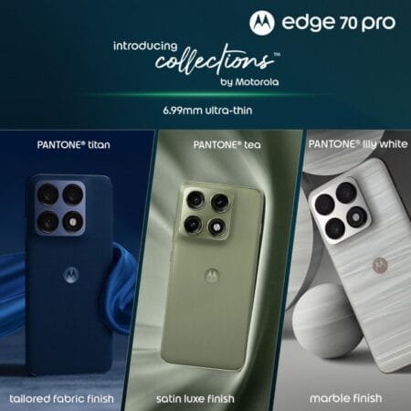 Motorola Edge 70 Pro showcased in three colour variants: PANTONE Titan, PANTONE Tea and PANTONE Lily White with unique finish designs